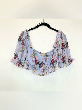 Lovesome Cottagecore Floral Crop Top Medium Puff Sleeve Ruffle Chiffon Lavender